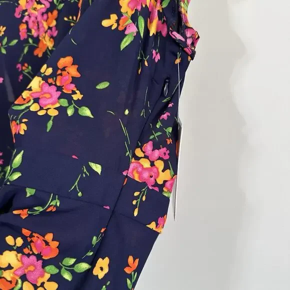 Nanette Lepore Floral Chiffon Dress Size 10 Ruffle Sleeveless Summer Navy NEW - Picture 8 of 8